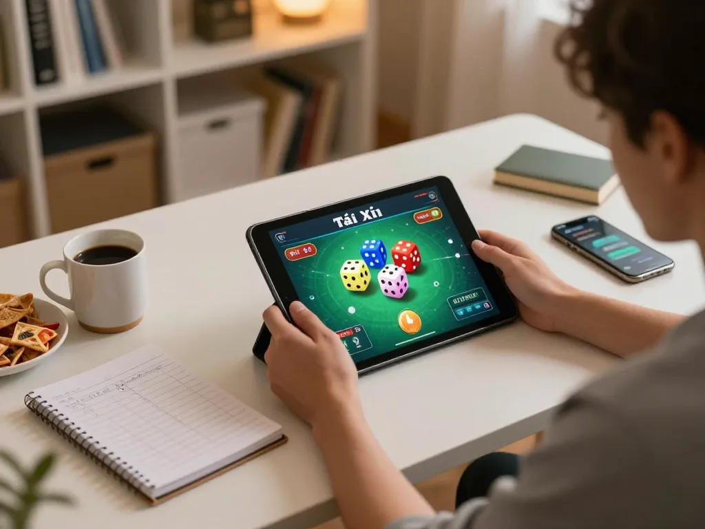Engage in strategic gameplay as you tải game tài xỉu, showcasing an inviting home gambling setup.