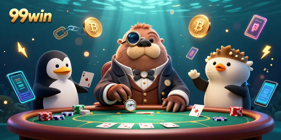 Engage with 99win's underwater poker scene featuring a jolly walrus, penguin dealer, and bluffing pufferfish.
