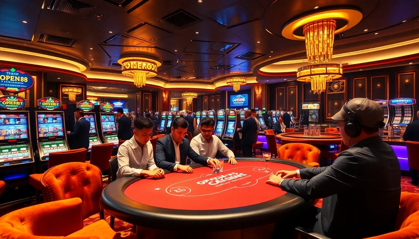 Experience the excitement of OPEN88 at a luxurious casino with poker games and vibrant slot machines.