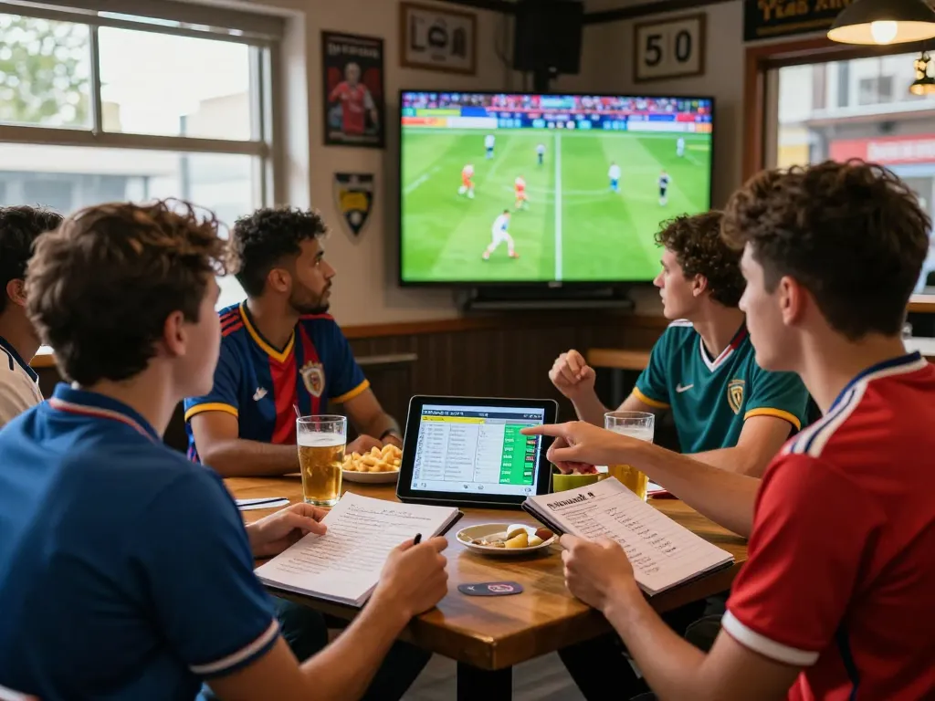 Excited sports bar scene showcasing soccer predictions and betting strategies during live match.