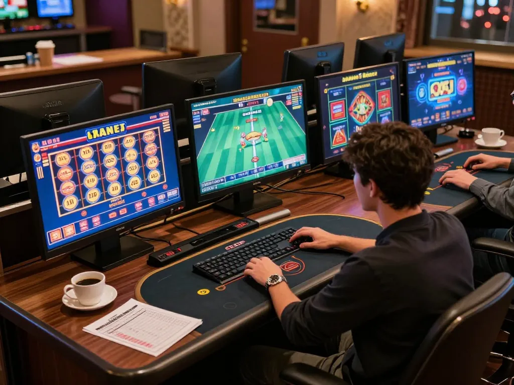 Engaged player exploring Good88's online casino games with a strategic approach and cozy ambiance.