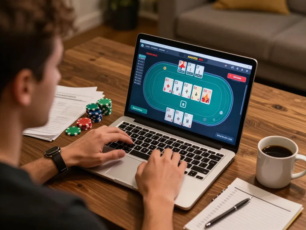 Player engaged in a thrilling lv88 online poker game, showcasing strategy and focus in a cozy setting.