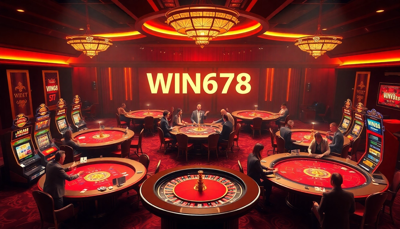 Experience the thrill at WIN678's luxurious online casino, featuring poker tables and vibrant slot machines.