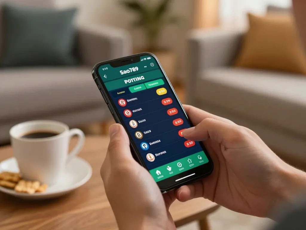 Sao789 user placing sports bets on a smartphone in a cozy home setting.