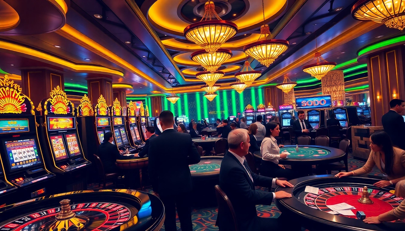SODO casino scene showcasing players betting at roulette and poker tables.