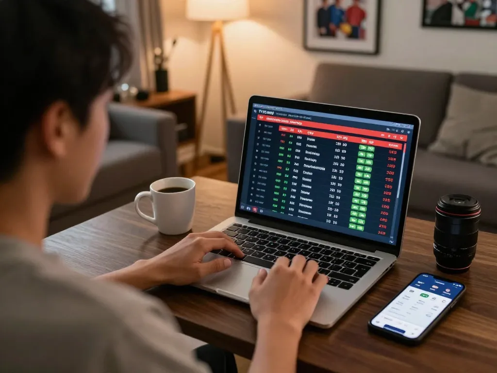 View of a person analyzing tỷ lệ kèo nhà cái hôm nay on laptop while preparing for sports betting
