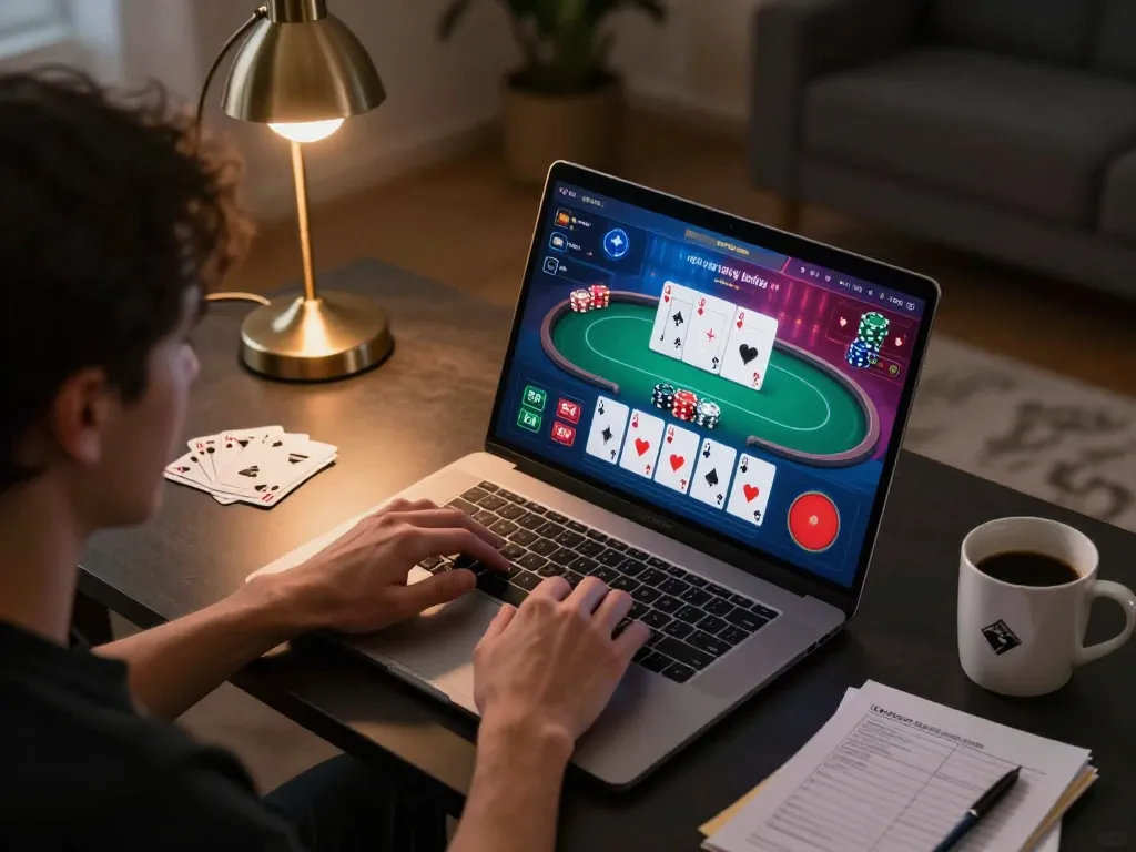 Engaging in poker gameplay at a cozy home setup with 68gamebaivn displayed on-screen