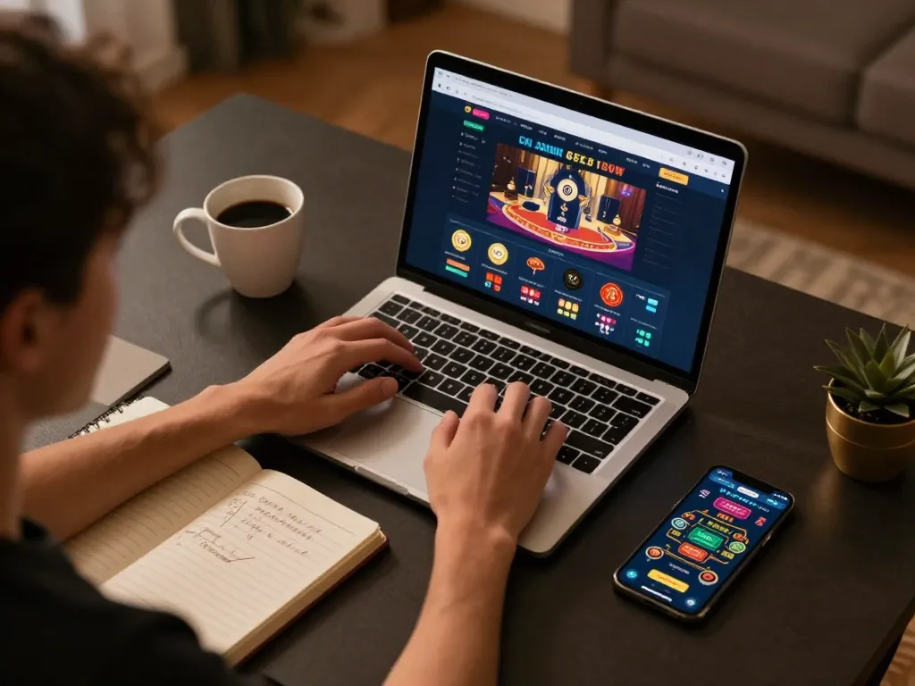 Engaging in online casino gaming through Link đăng ký sky88 on a laptop, showcasing strategic betting.