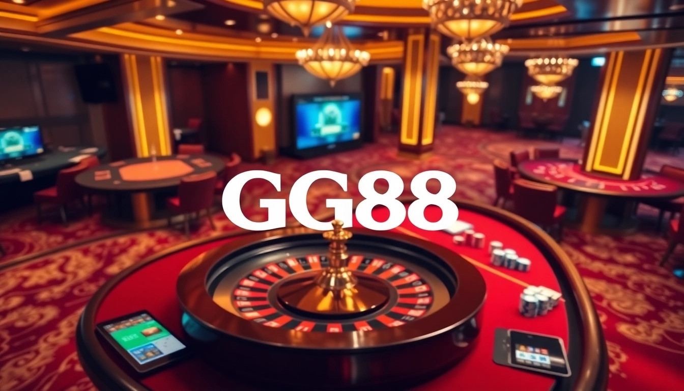 Experience the excitement of GG88 with luxurious casino visuals featuring roulette and poker tables.