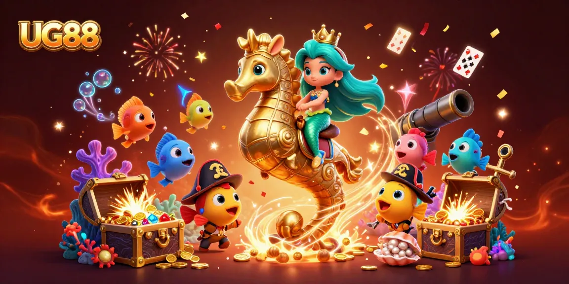Experience the excitement of gambling with UG88 in a vibrant underwater scene full of treasures.