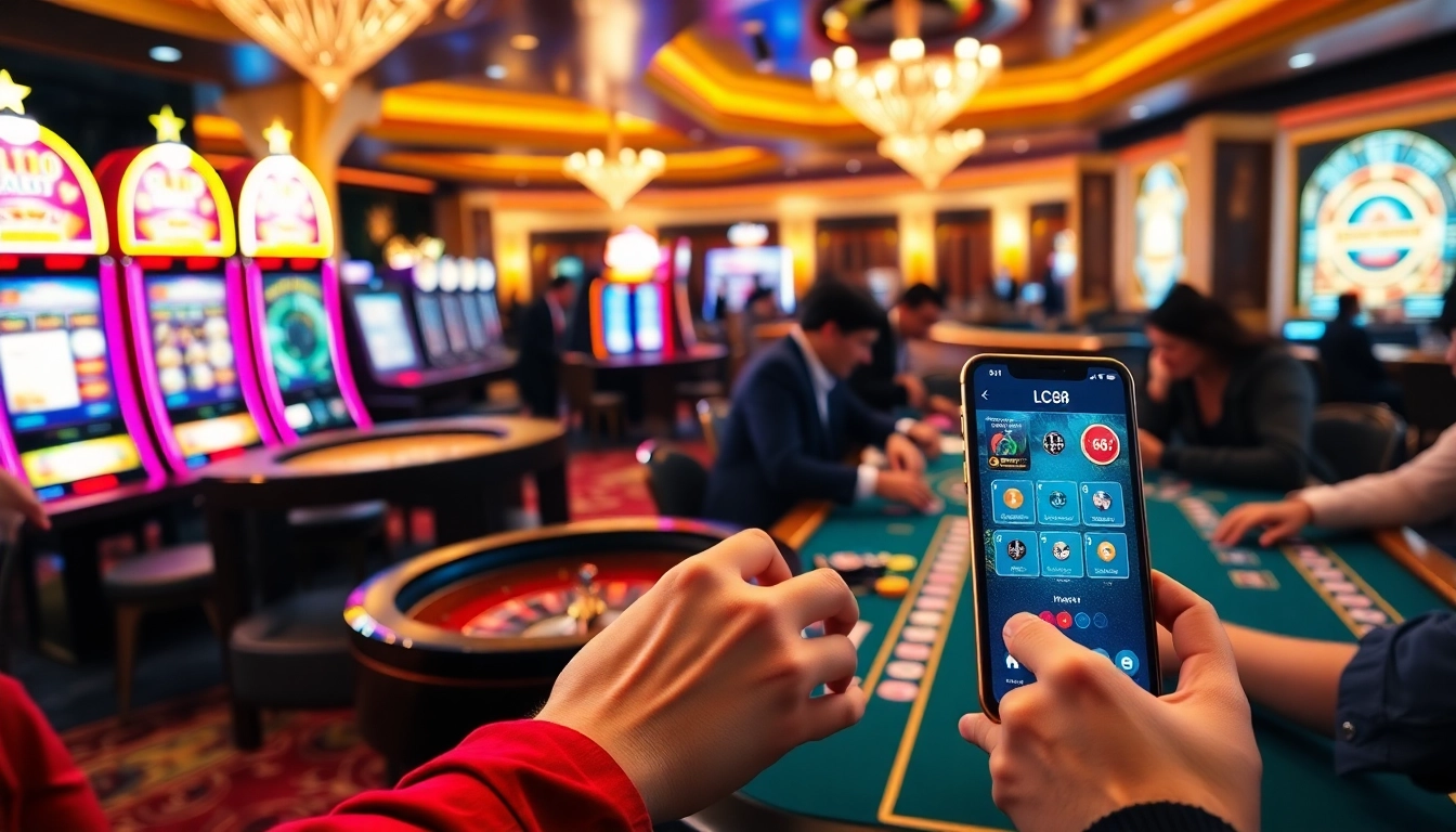 Engaging scene of players enjoying LC88 gambling experience with slot machines and poker tables.