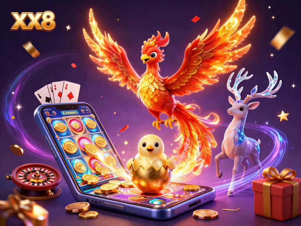 Engage with XX8's thrilling casino adventure featuring a phoenix and vibrant gaming elements.