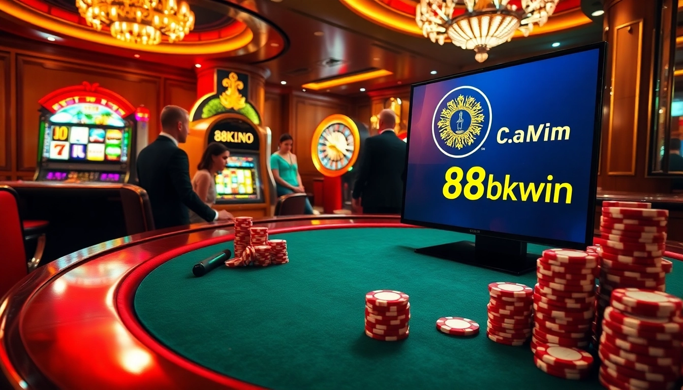Players betting at a high-stakes poker table at 88okwin.com with colorful chips and a roulette wheel.
