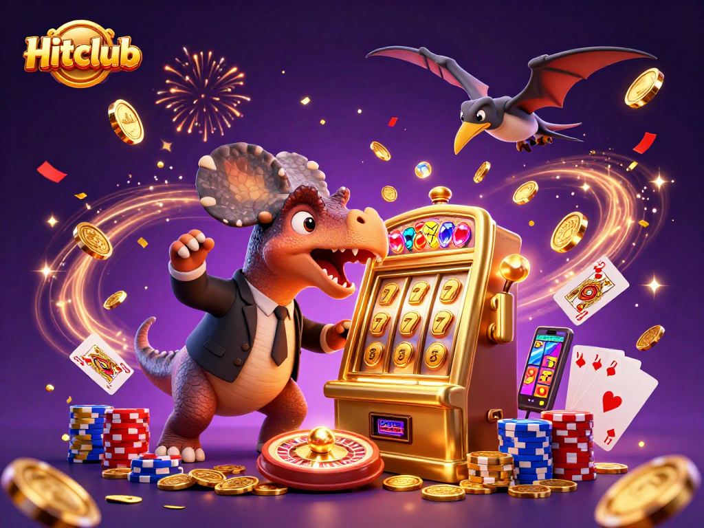 Hitclub slots scene featuring a dinosaur jackpot, casino chaos with coins flying