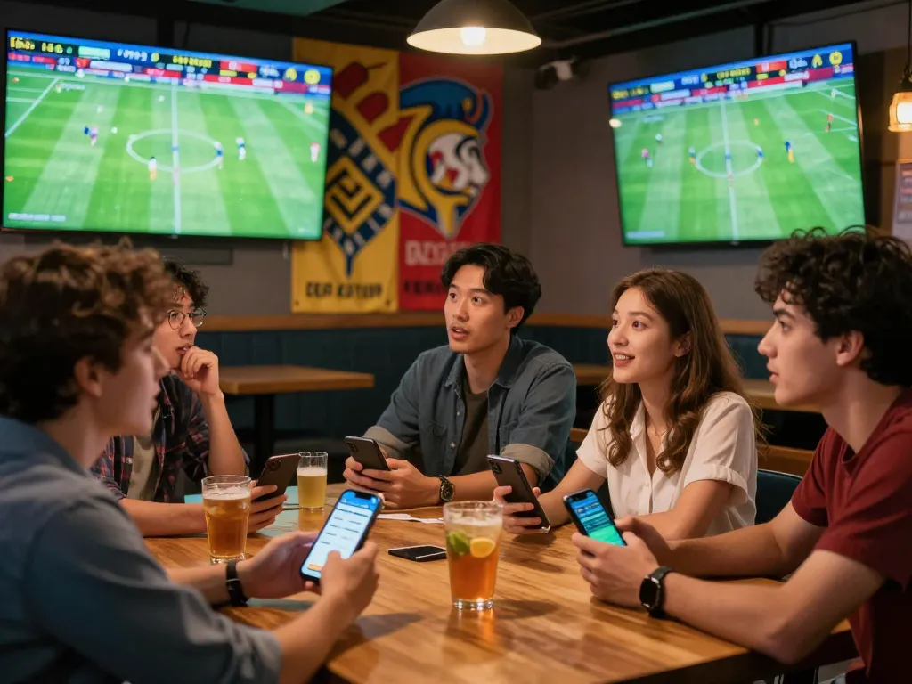 Friends engaging with vebo tv betting apps while cheering on their favorite sports teams.