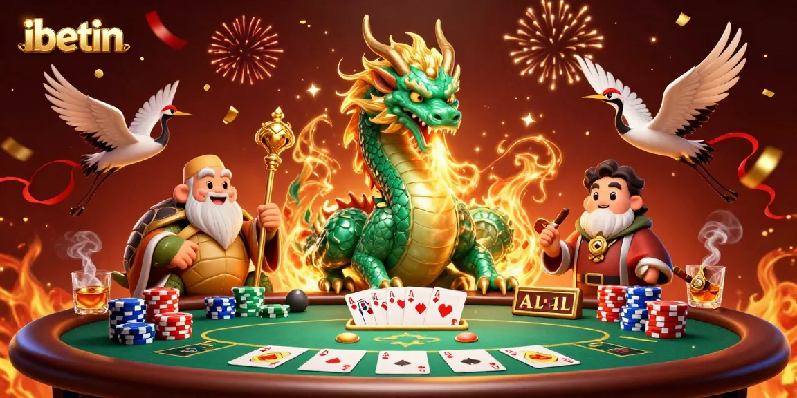 Experience thrilling poker action with ibetin's vibrant 3D casino illustration featuring a jade dragon and classic game elements.