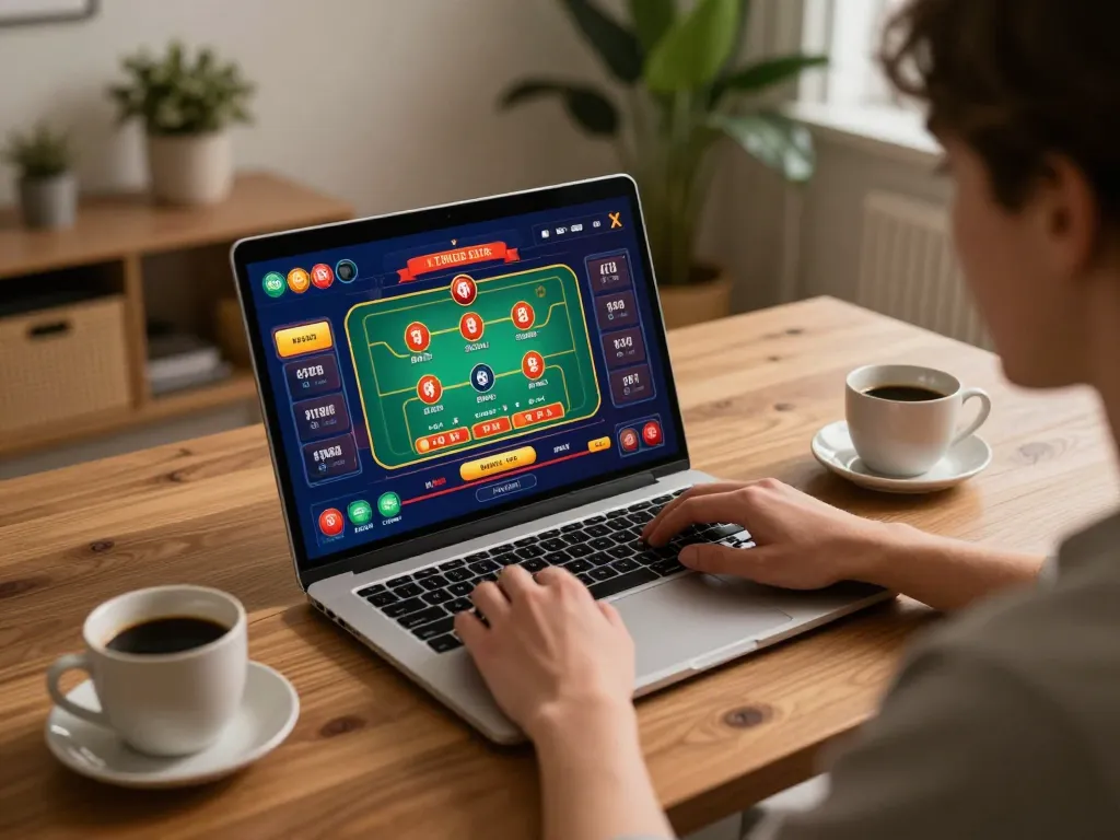 Player enjoying online casino action on their laptop, showcasing lc88 app interface in a cozy home setting