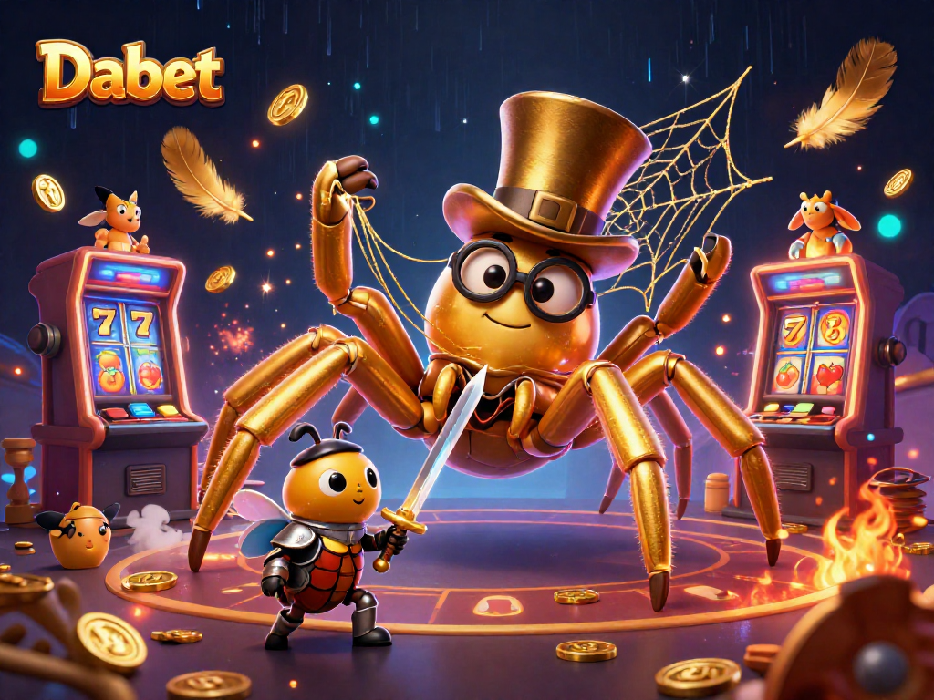 Dabet casino scene featuring a golden tarantula and a beetle knight ready for a thrilling slots adventure