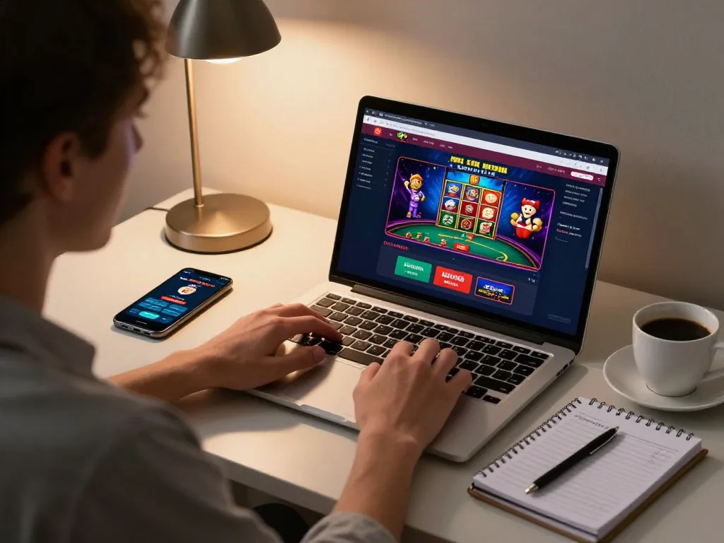 Player engaging with ko668 online casino app while jotting down betting strategies in cozy home office.