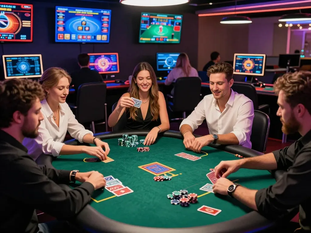 Group celebrating at gem88 online casino gaming table with poker chips and excitement.