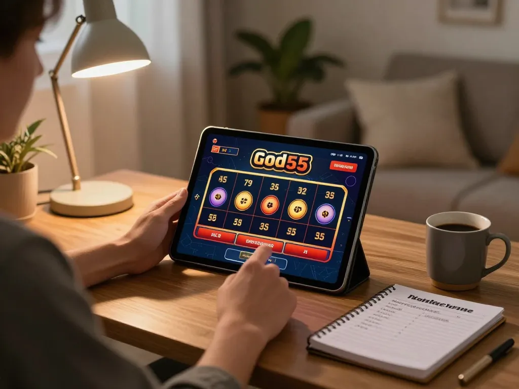 Engaged player using the God55 platform for online gambling at home, cozy setup with tablet and strategy notes.