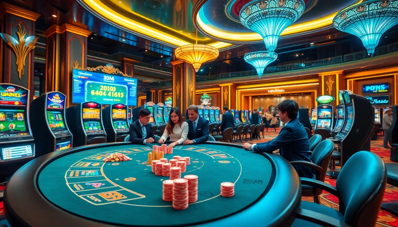 Players enjoying the exciting gaming experience at nhà cái 8XX casino, showcasing vibrant tables and modern slot machines.