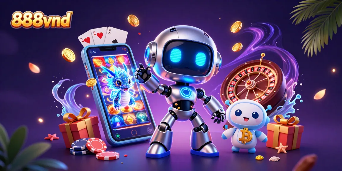 Engage with vibrant 888vnd casino action featuring a cyberpunk robot and digital dragon amidst slot games.
