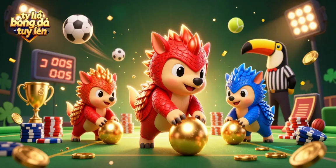 Engage with tỷ lệ bóng đá trực tuyến as rival pangolins bowl through poker chips with sports elements in a dynamic, colorful scene.