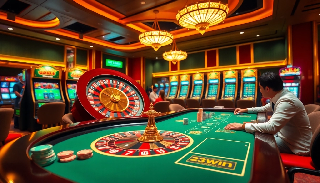 Engage in an exciting game at 23win com with vibrant casino visuals featuring poker tables and slot machines.