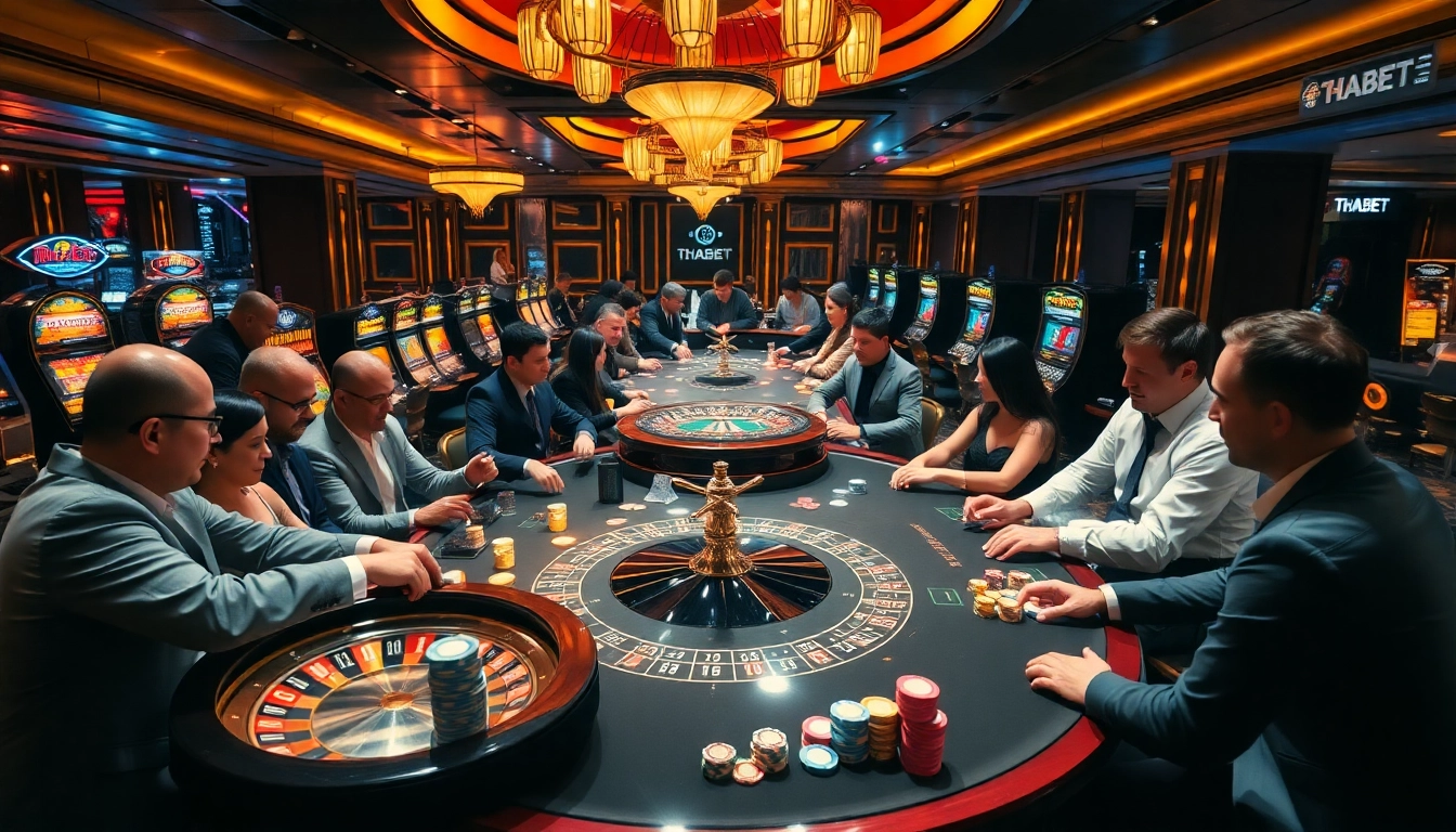 Experience thrilling card games and slots at THABET casino with lively players and luxurious decor.