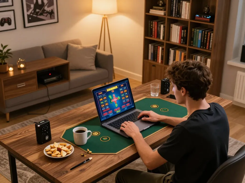 Engage in online gambling at https://xx88.promo/, with a modern home gaming setup featuring a laptop and cozy atmosphere.
