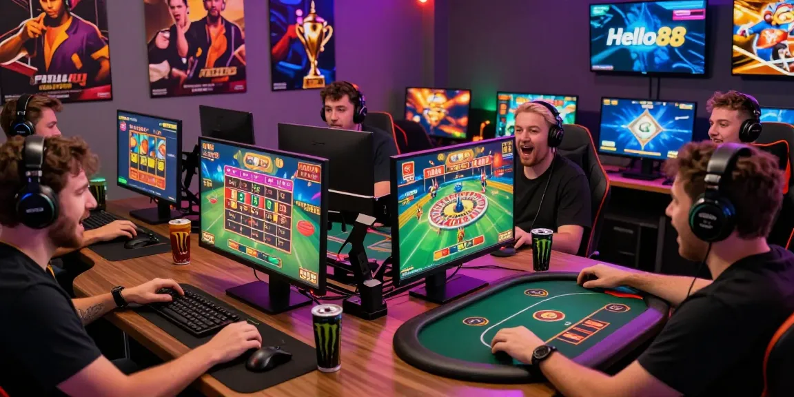 Players experiencing engaging online gaming at Hello88, showcasing dynamic interactions and vibrant setups.