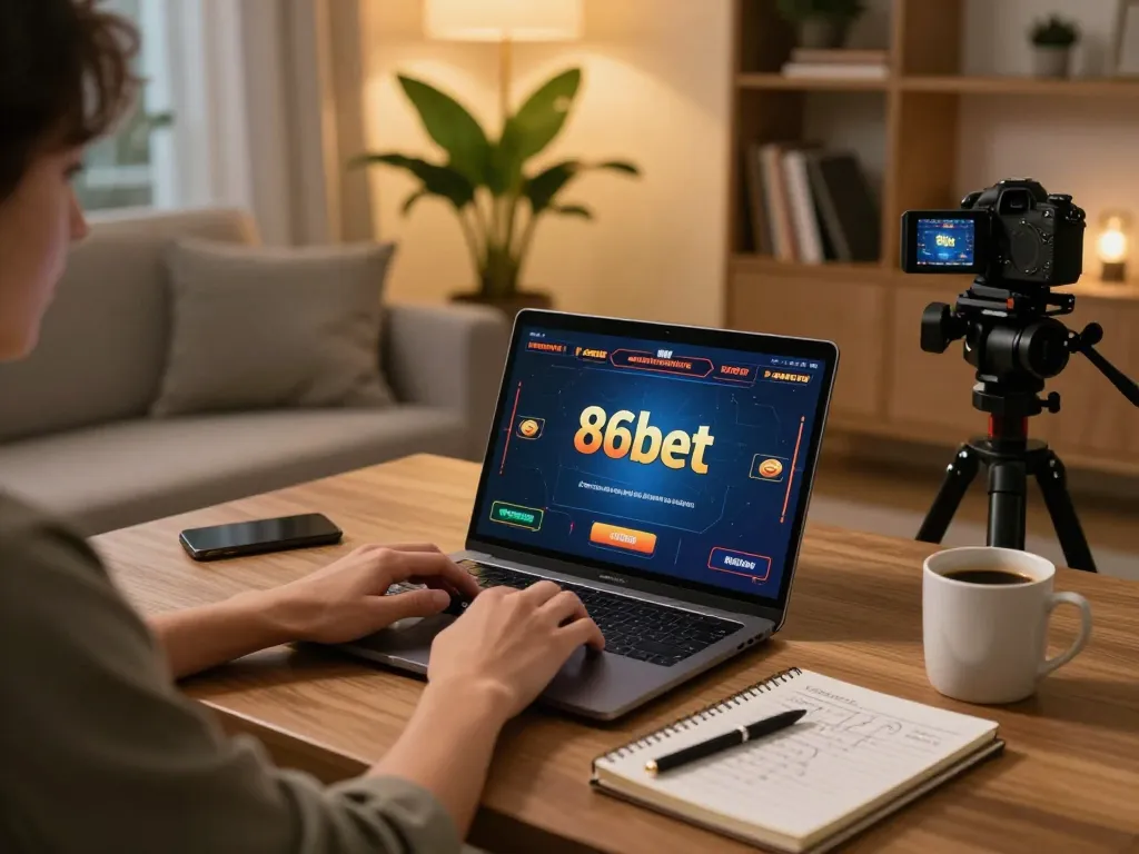 Player enjoying 86bet online gaming at home with strategy notes and cozy atmosphere.