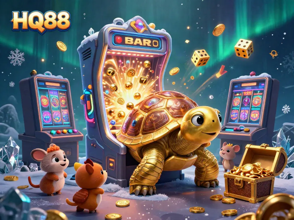 Experience thrilling wins at HQ88 with a joyful golden tortoise and exciting casino elements.