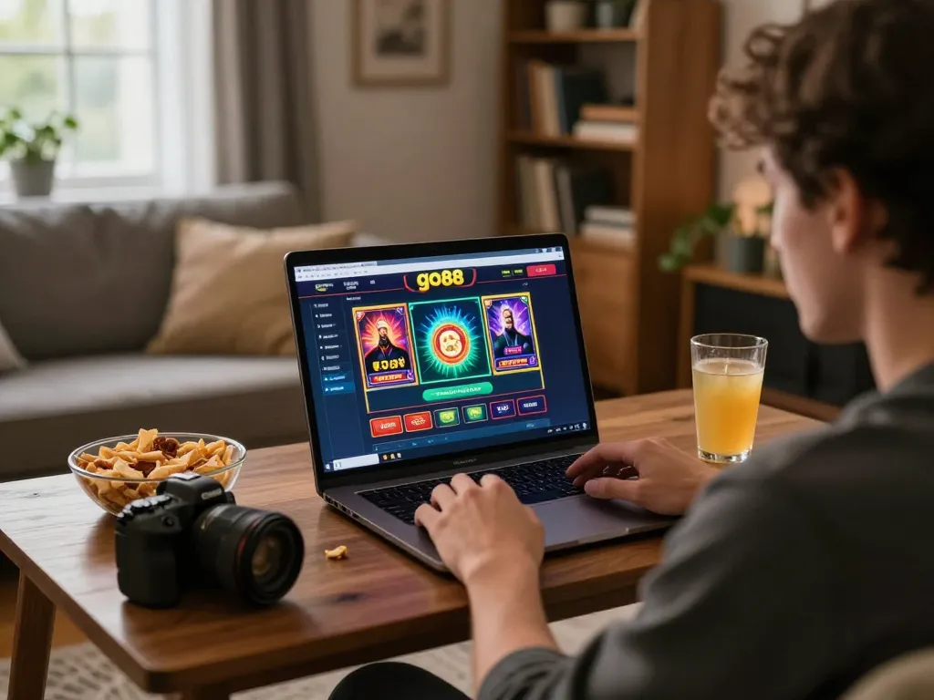 Engaging in online gaming on the go88 platform in a cozy home setting with vibrant graphics.