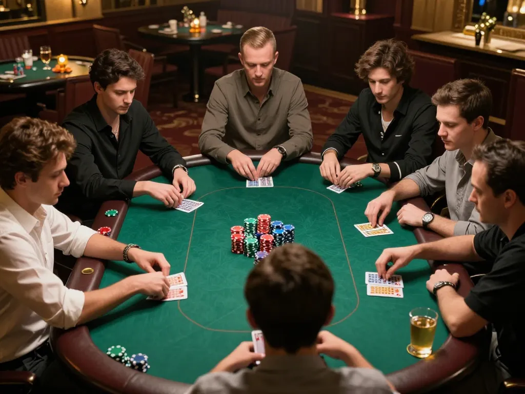 A competitive poker scene at 58win, showcasing players engaged in a high-stakes game with colorful chips and intense focus.
