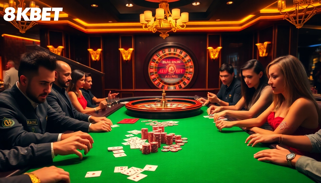 8KBET players engaging in an exciting high-stakes casino game with vibrant poker chips.