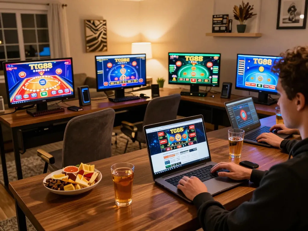 Player enjoying online gaming at TG88 with snacks and cozy decor