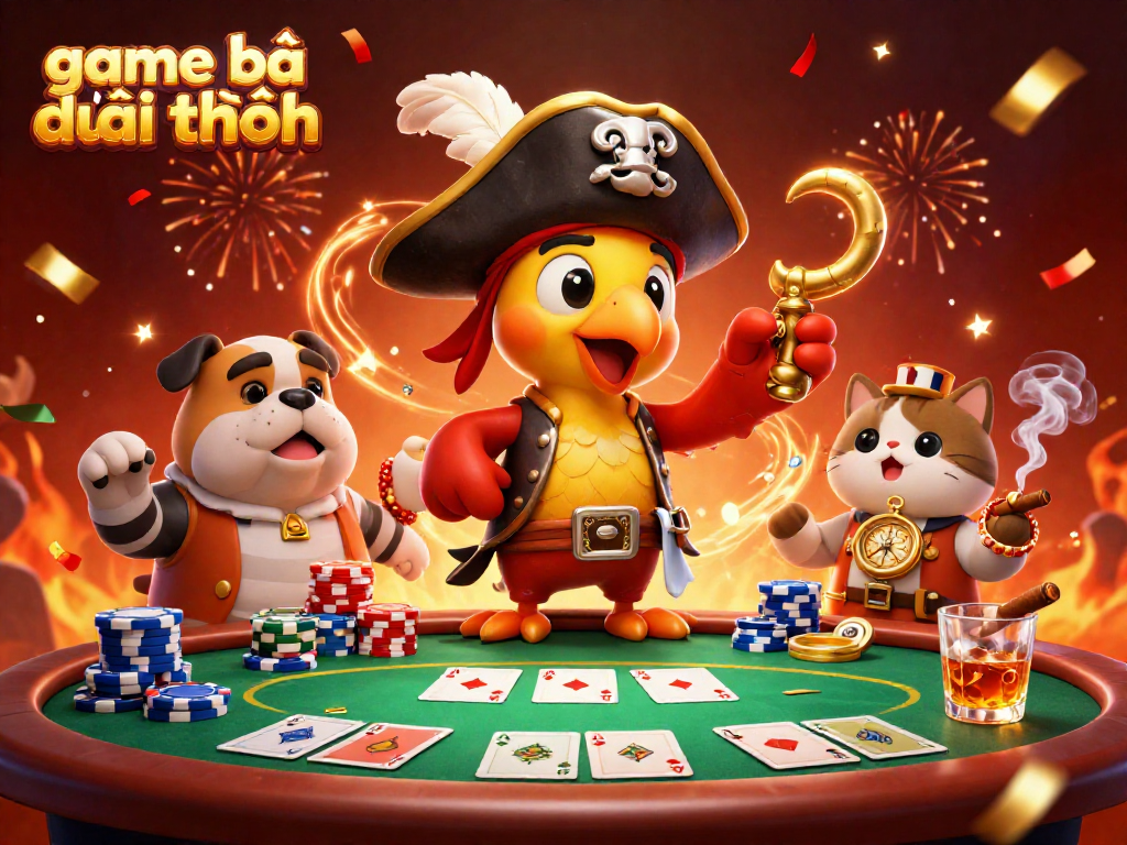 Join the game bài đổi thưởng action with a colorful pirate scene featuring card games and joyful celebration elements.