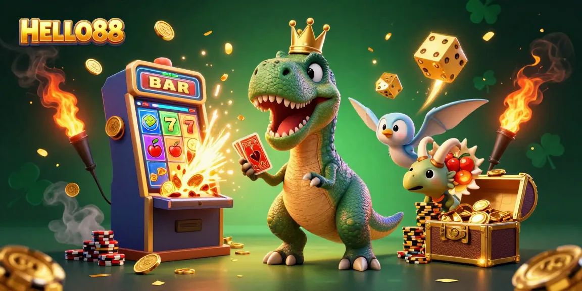 HELLO88 engages players at an exciting 3D casino with a fun T-Rex, vibrant jackpots, and colorful game elements.