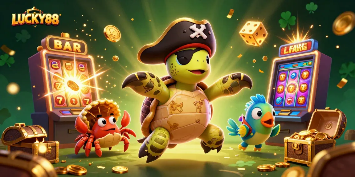 Experience thrilling gameplay with LUCKY88, featuring a pirate turtle, gold coins, and vibrant casino symbols.