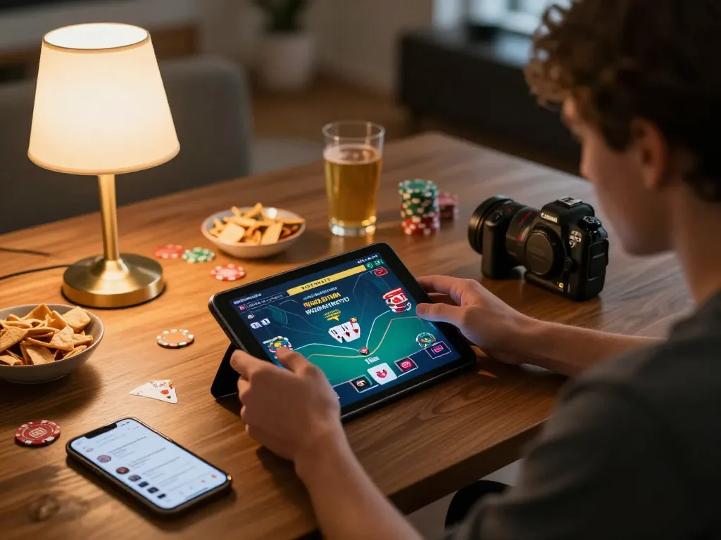 Engaged player using tablet for online poker at home, sc88 gaming in a cozy setting.