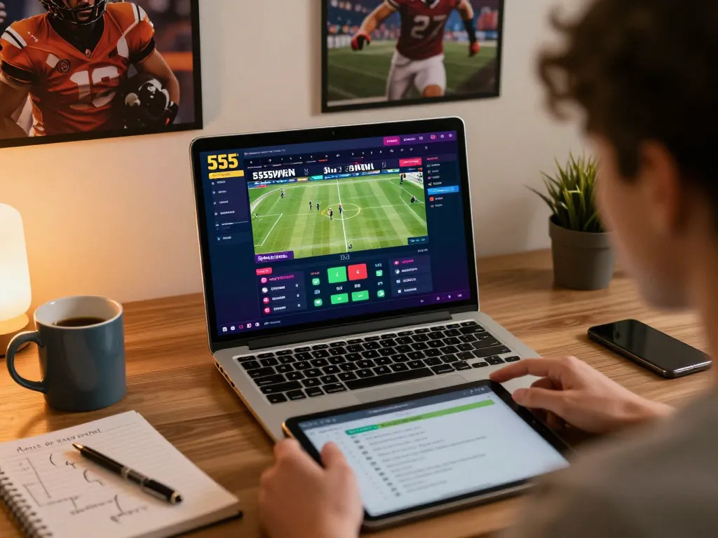 Engaging with 555WIN sports betting platform on a laptop in a cozy home office
