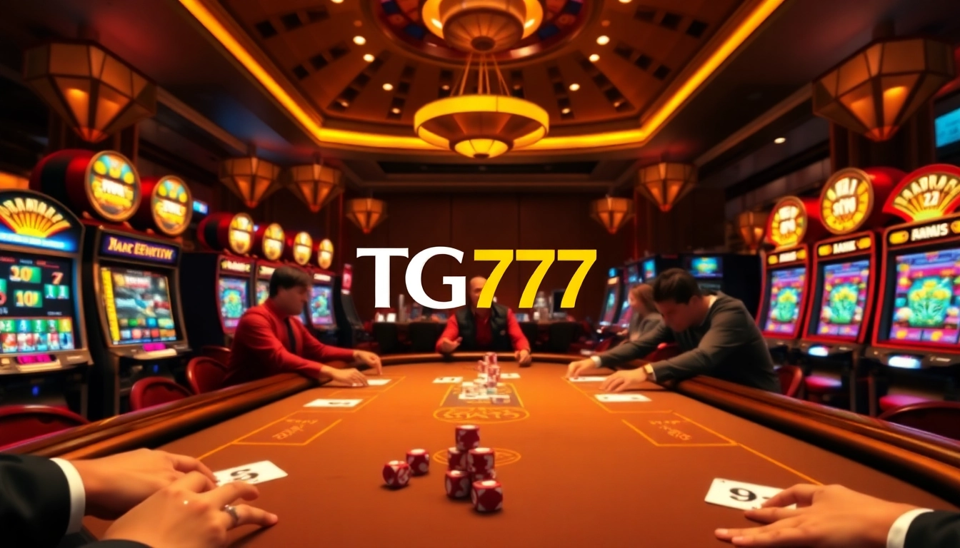 Engaging players enjoying an exciting game at TG777 Casino with vibrant slot machines and poker tables.