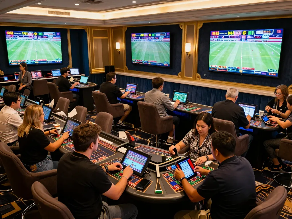 Patrons placing bets at Vsbet's elegant sports betting lounge with large screens displaying live events