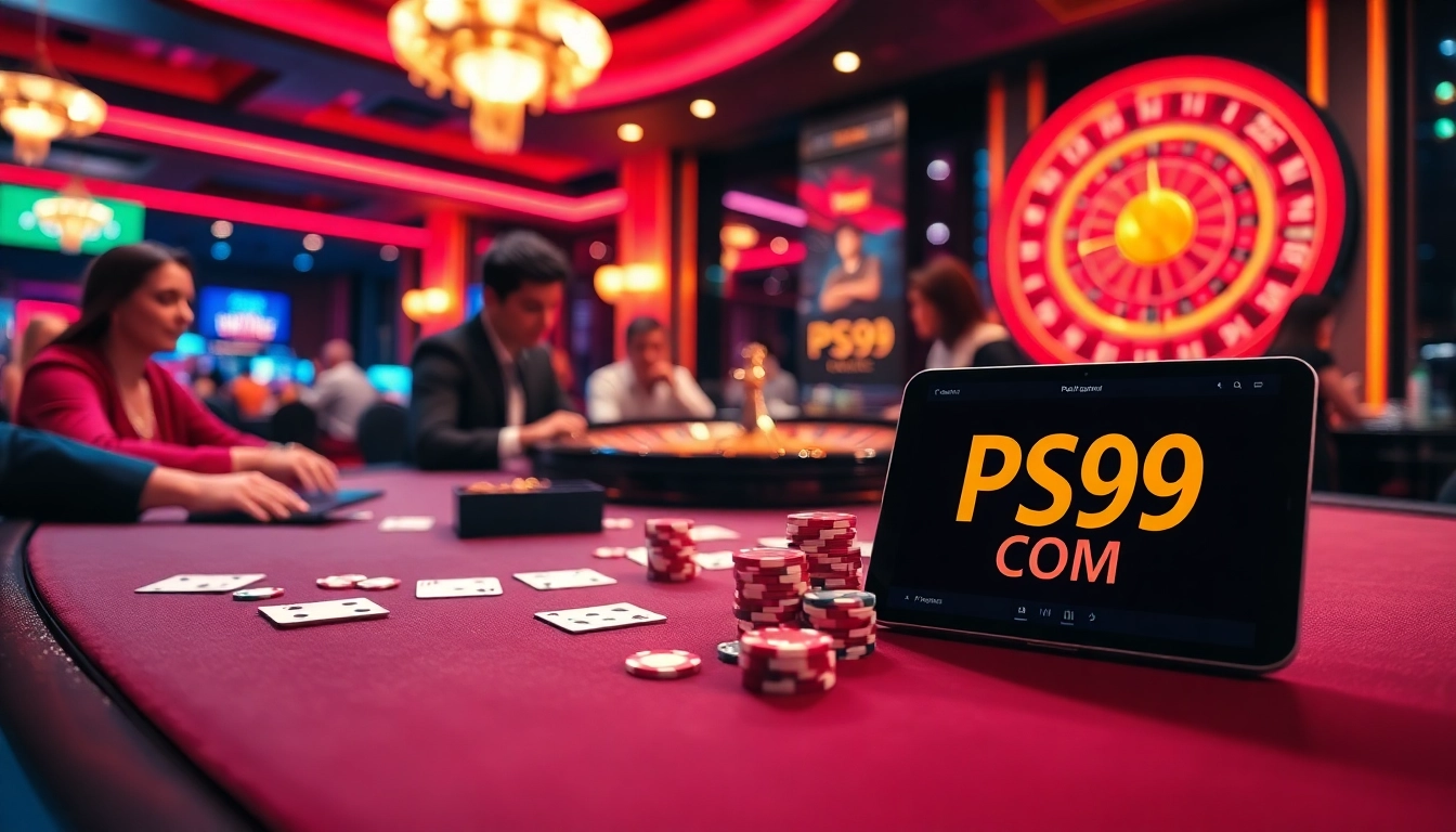 Engage in exciting gameplay at PS99 COM with a luxurious casino atmosphere featuring poker chips and neon lights.