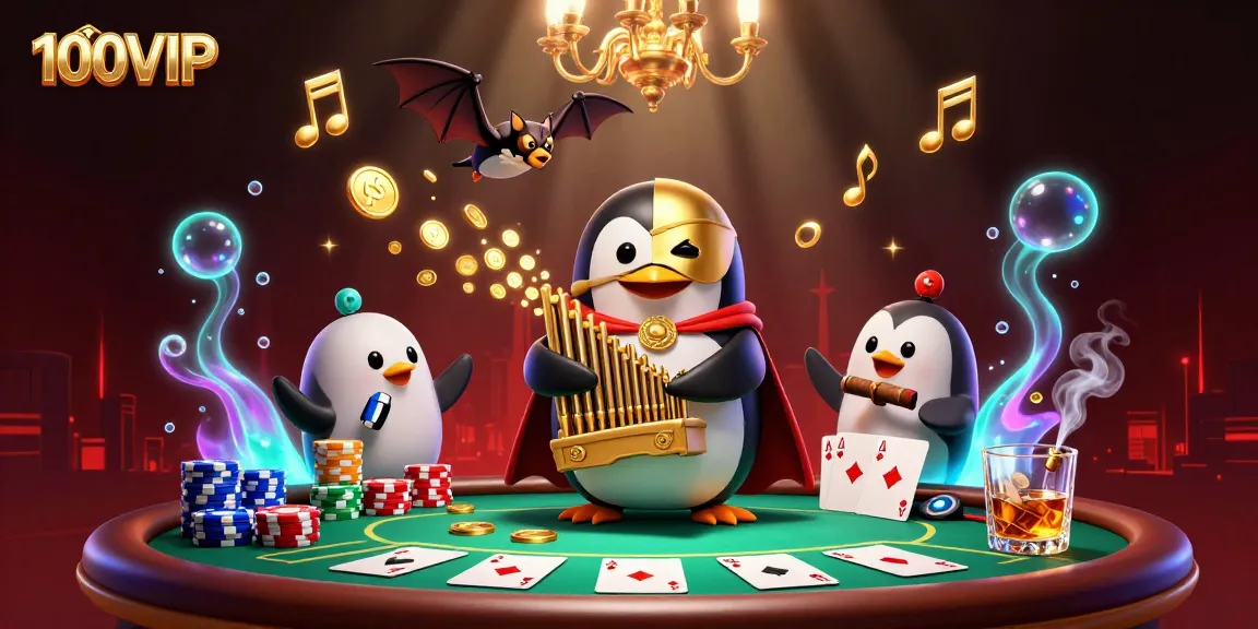 Optimizing your winning strategies at 100VIP with a lively casino scene featuring a whimsical penguin and poker elements.