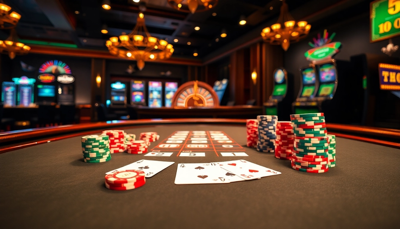 Engaging in high-stakes poker at THABET casino with vibrant table and chips.