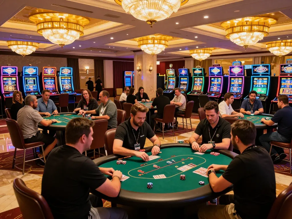 Players are strategizing at poker tables in a lively casino scene, showcasing 789b gaming excitement.