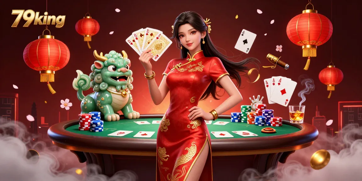 79king showcases an elegant woman and jade guardian at a bustling casino table, highlighting exciting online gaming experiences.